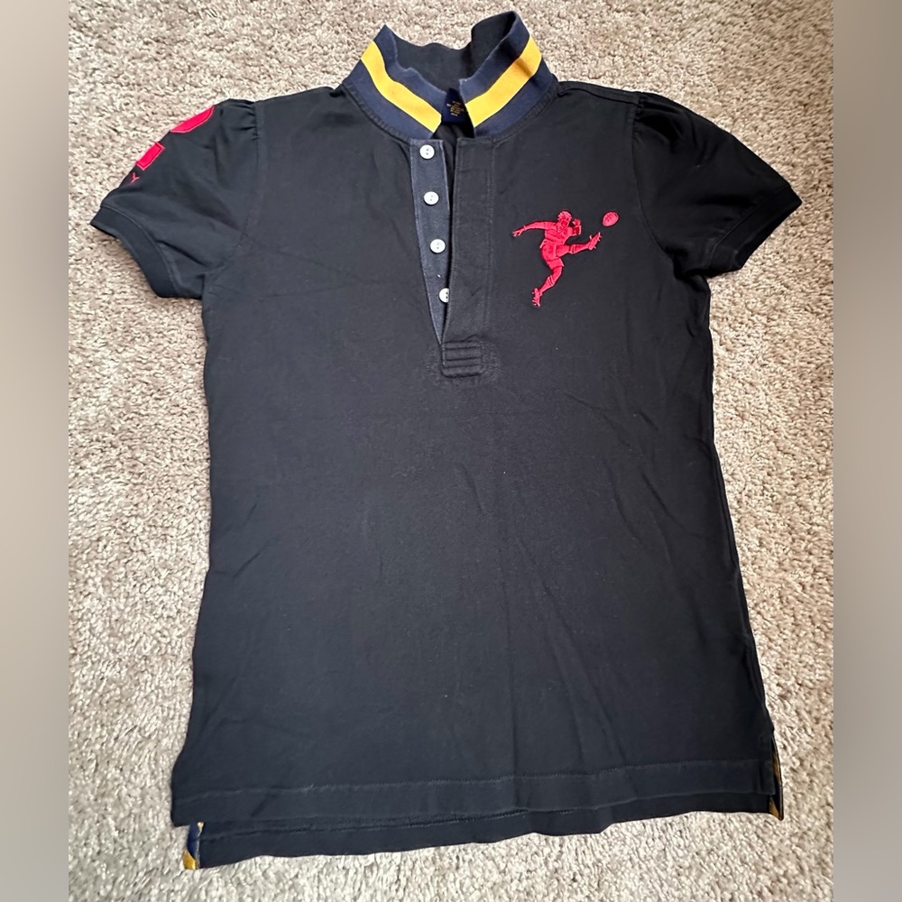 Rugby Ralph Lauren Black Polo with Red Player Logo and Yellow-Trim Collar
